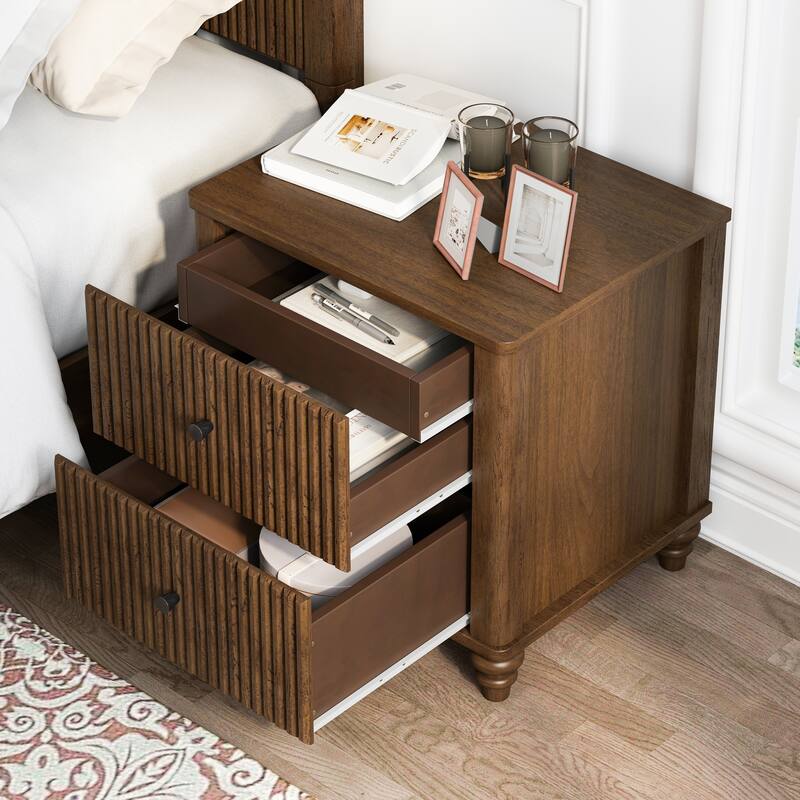 Modern Fluted Nightstand with 2 Large Drawers & 1 Hidden Drawer, Wood Bedside Tables for Bedroom, Retro Simple Style End Table