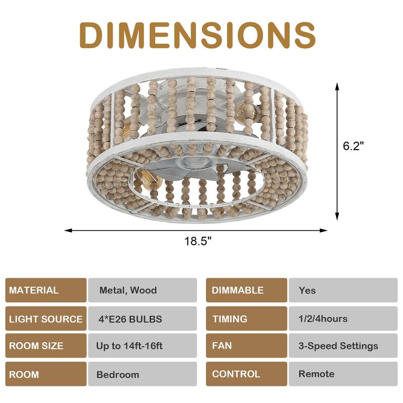 20" Flush Mount Caged Ceiling Fan with Light and Remote, Distressed White Metal 3-Speed Reversible Dc Motor