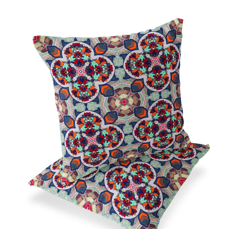 HomeRoots Set of Two 16" X 16" Blue and Orange Blown Seam Floral Indoor Outdoor Throw Pillow - 16.00' X '16.00' X '5.00