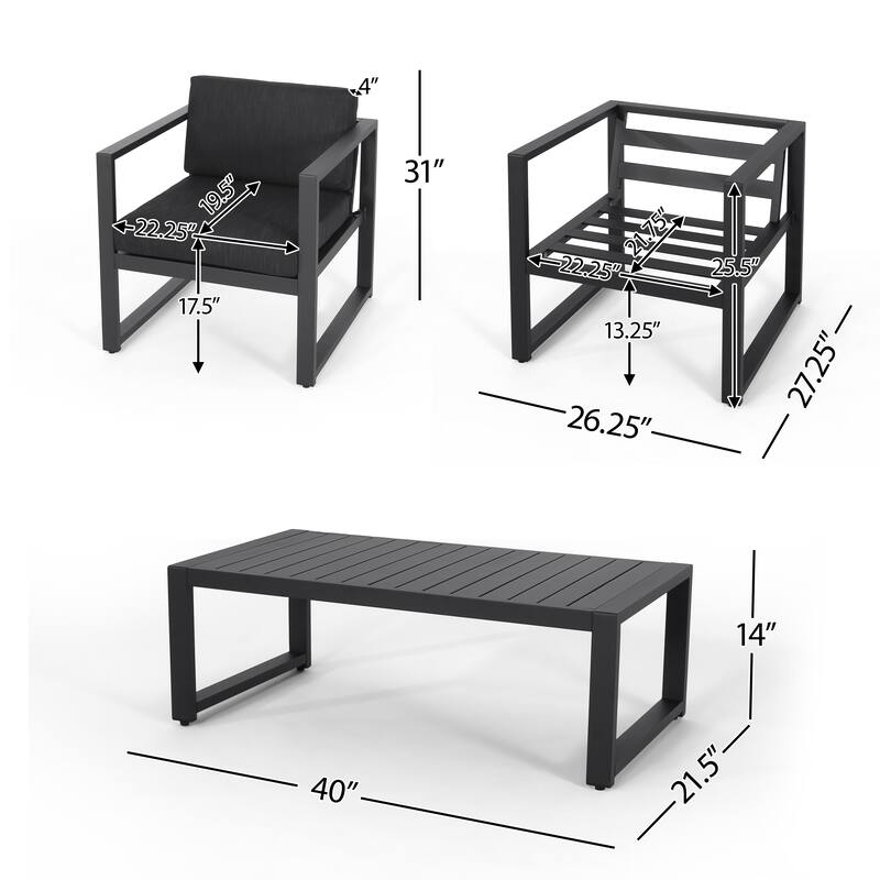 4 Piece Outdoor Chair Set for 4, All-Weather Aluminum Conversation Sets with Weather Resistant Cushion