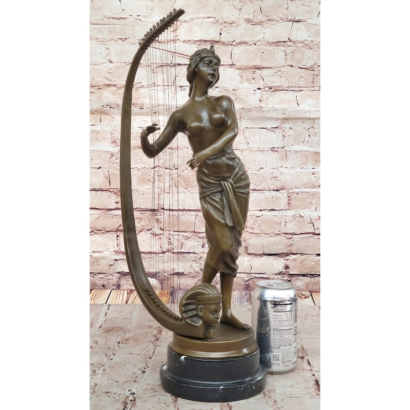 Coudray “Egyptian Harp Player” – Ornate Bronze Sculpture On Marble Base