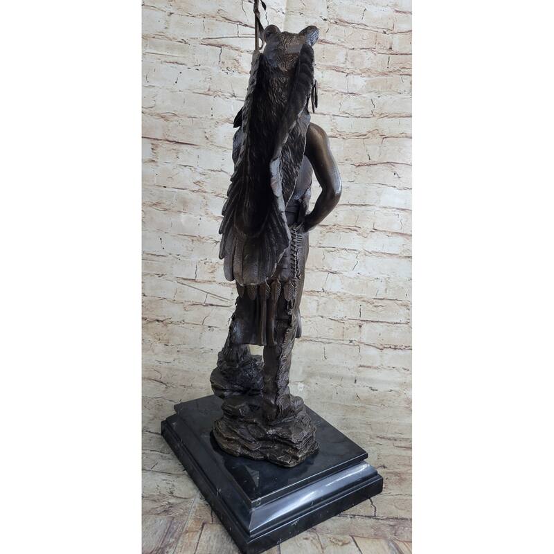 Native American Indian Warrior In Bear Skin Headdress Bronze Statue Sculpture Figure 22 Inches X X11 Inches