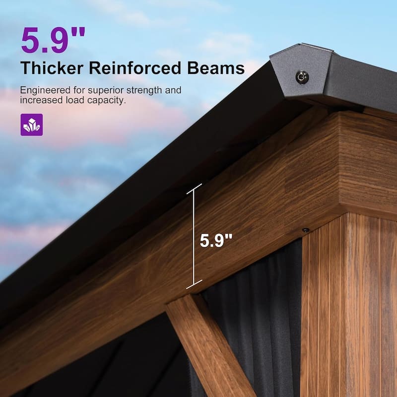 PURPLE LEAF Patio Hardtop Gazebo for Outdoor Wood Grain Aluminum Frame Galvanized Steel Double Roof and Backyard Garden
