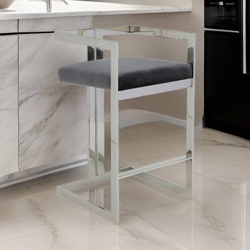 Suki 30 Inch Barstool Chair, Gray Velvet Seat, Silver Stainless Steel