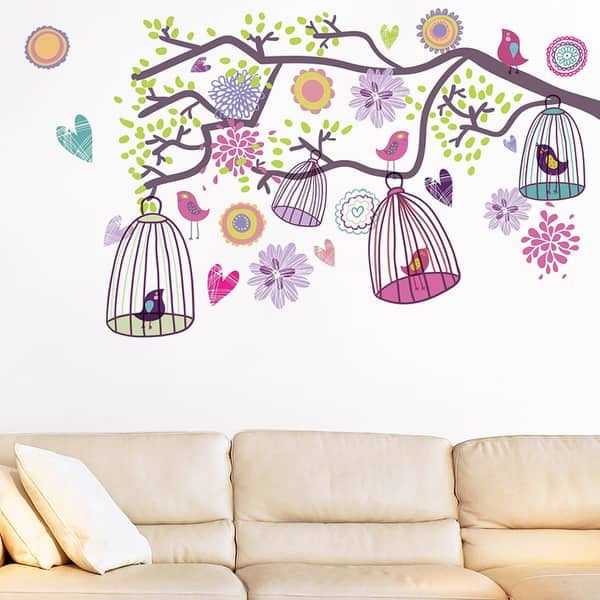 slide 2 of 4, Walplus Wall Sticker Decal Colorful Flowers Birdcage Tree Home Decor