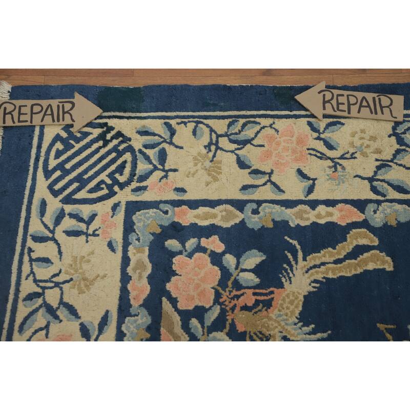 Hand Knotted Oriental 100% Wool Carpet Traditional Floral Navy Blue & Blues Art Deco Area Rug - 8' 9'' X 5' 10''