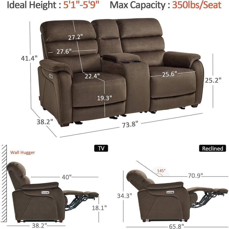 MCombo 61.6'' Wall Hugger Power Loveseat Recliner Sofa with Adjustable Headrest and USB A & C Charge Ports