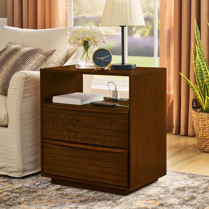 Mid Century Nightstand with Charging Station & 2 Drawers - Walnut Brown