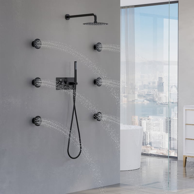 Thermostatic Shower System with 10" Ultra-Thin Round Shower Head,Body Jets And Hand Shower