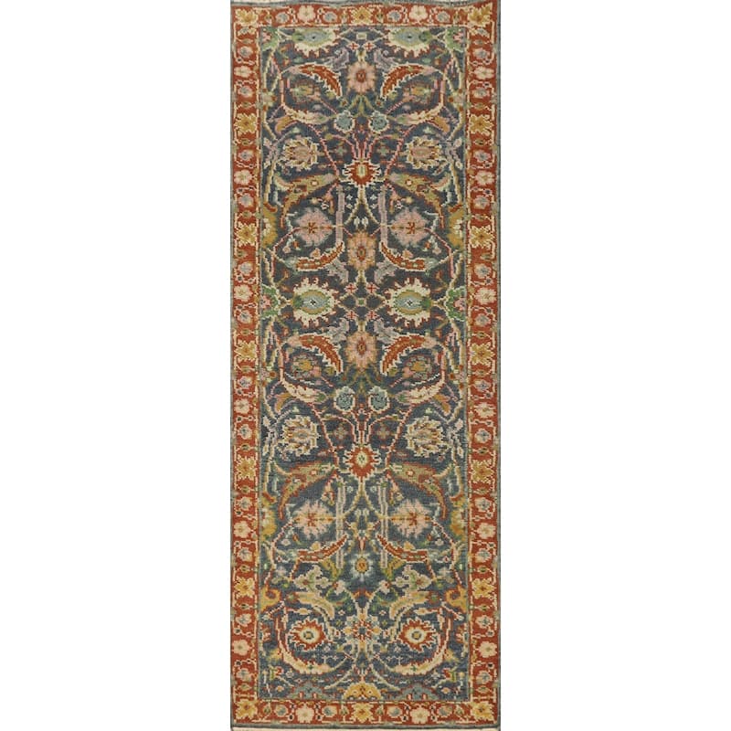 Hand-knotted Transitional Wool Carpet Grey Oushak Rug Floral Oriental Area Rug - 8' 0'' X 2' 7''
