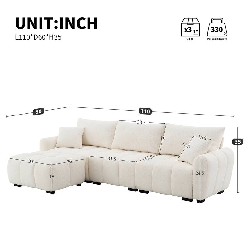 Modular Sectional Sofa Boucle Fabric Pull-line Design L-Shape Sofa Set with Movable Ottoman for Living Room 3-Seater Couch