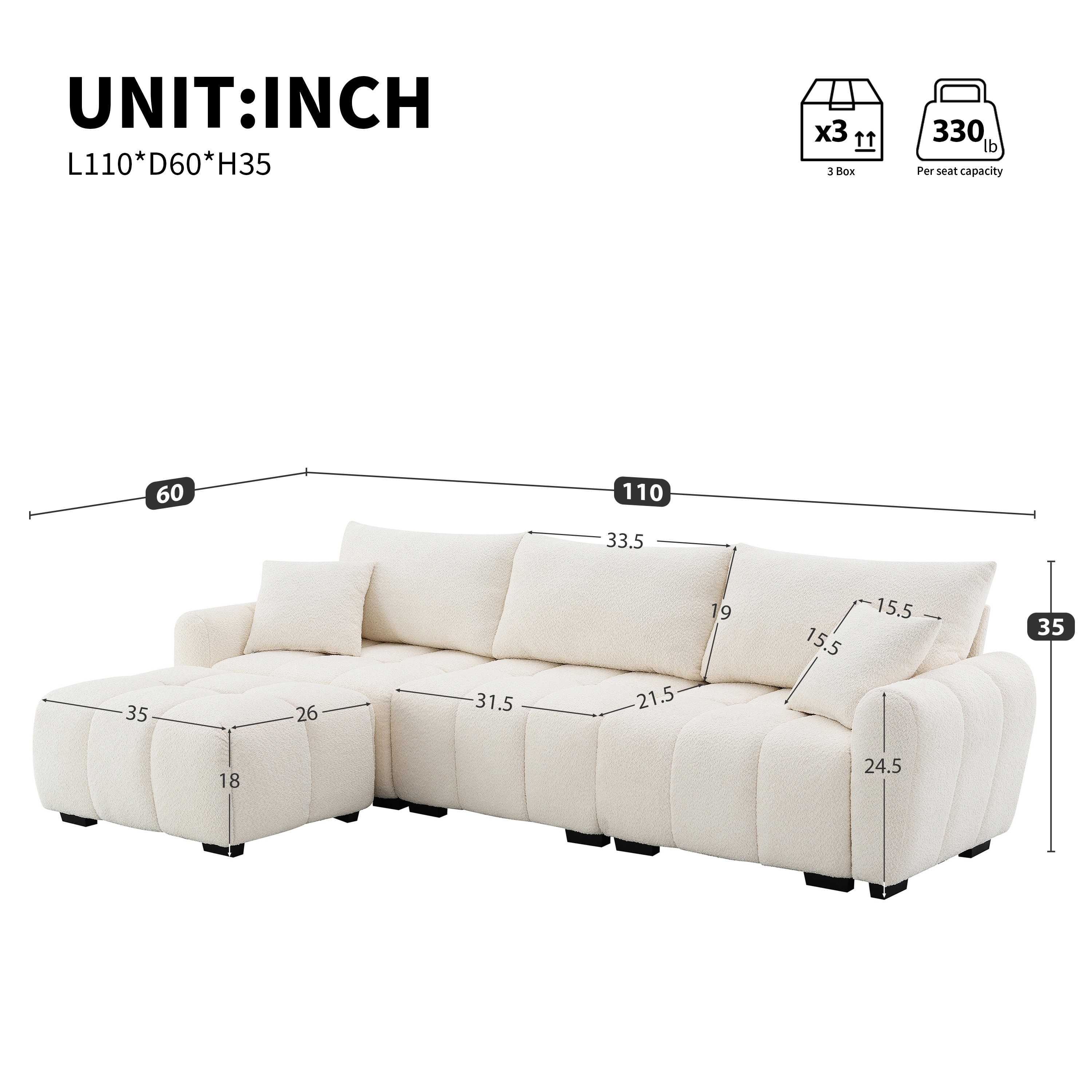 Modular Sectional Sofa L Shape Extra-Large Seat Pull-Line Design Movable Ottoman High Density Foam