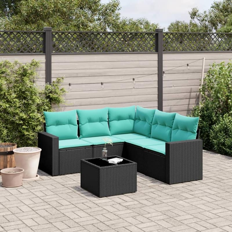 vidaXL Patio Sofa Set with Cushions Outdoor Conversation Furniture Poly Rattan - 25.8" x 24.4" x 27.2" - Black and blue with table