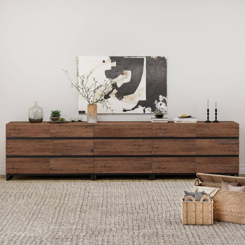 WAMPAT Dresser with Glass Doors, 3 in 1 Modern Chest of Drawers with Adjustable Shelves for Bedroom - Brown - 2-drawer