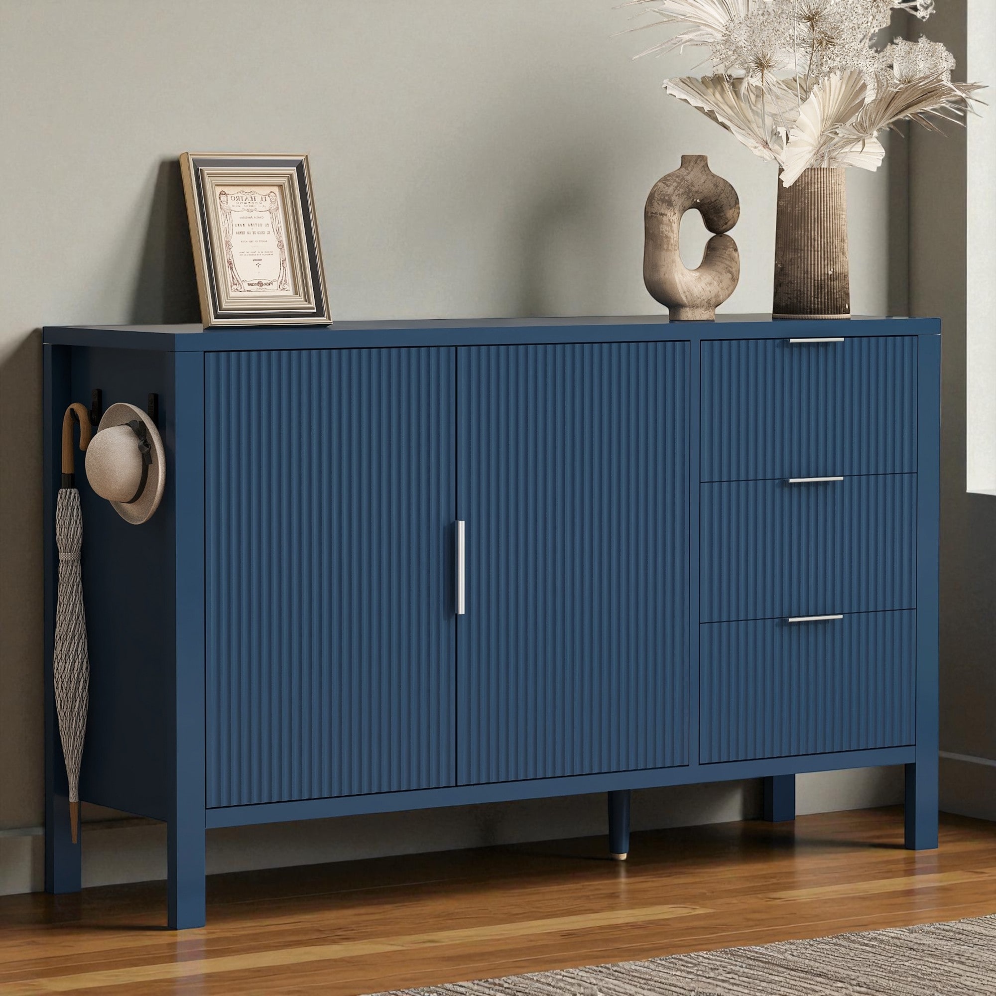 Modern Wave-Pattern Sideboard with 3 Drawers, Buffet Cabinet with Hooks & Center Leg for Living Room or Entryway