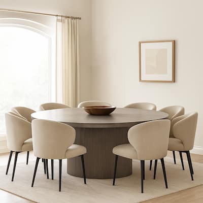 75 Inch Modern Concrete Oval Dining Table, Fluted Platform Base, Gray Tone