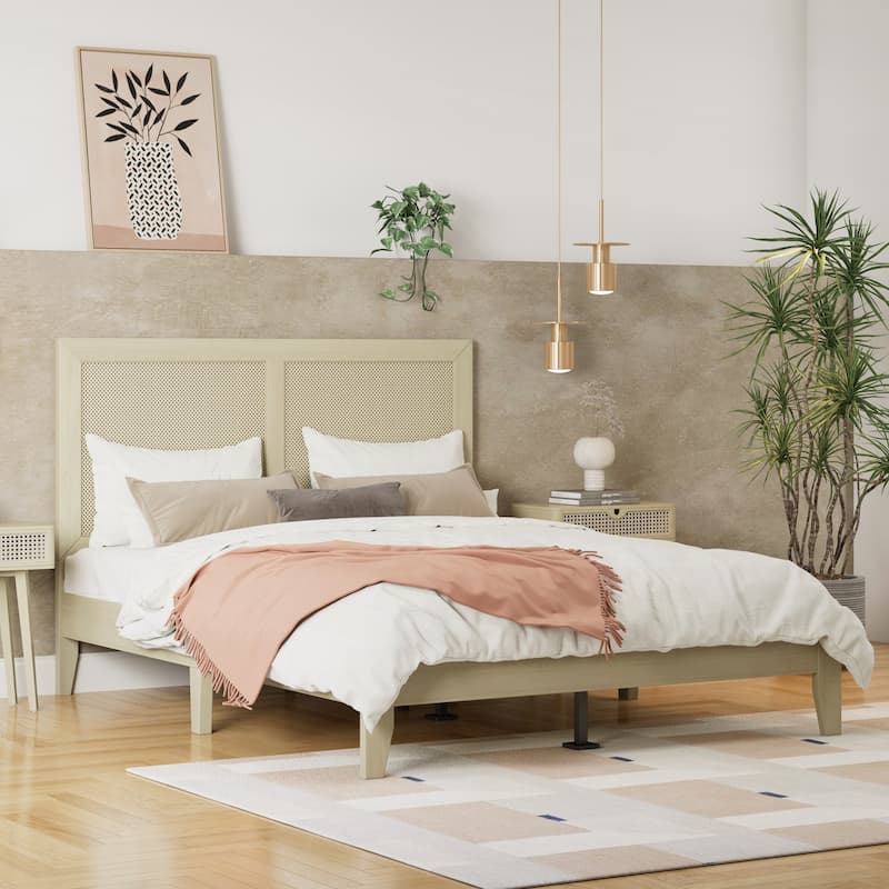 Solid Wood Platform Bed With Rattan - Queen