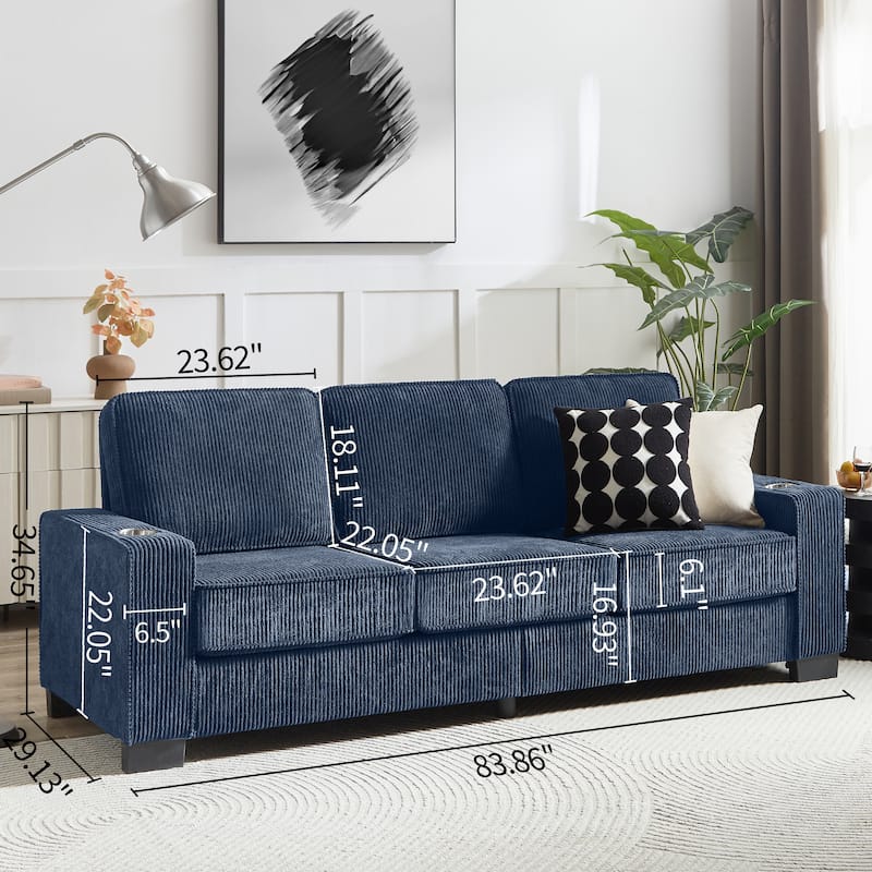 84" Corduroy 3-Seater Sofa, Modern Compressed Design for Multiple Rooms