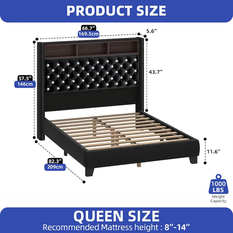 58" Tall Wingback Storage Headboard Bed Frame with USB Charging Stations and Deep Button Tufted - Black - Queen