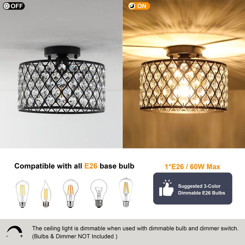 1-Light Modern Vintage Drum Crystal Semi-Flush Mount Ceiling Light