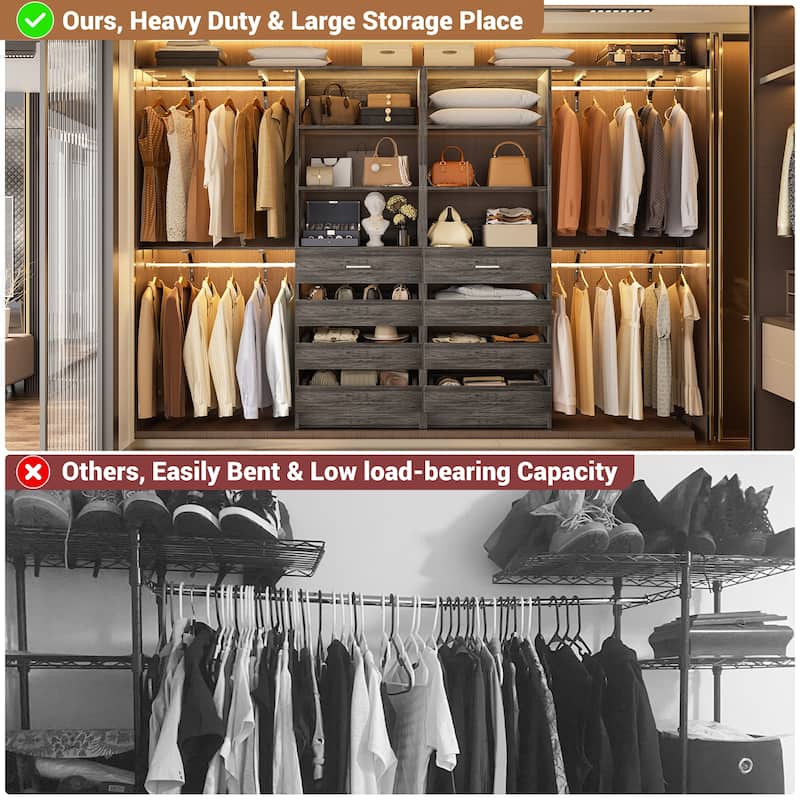 Set of 2 Closet System with Wooden Drawers and Hanging Rods, Closet Organizer with Adjustable Storage Shelves