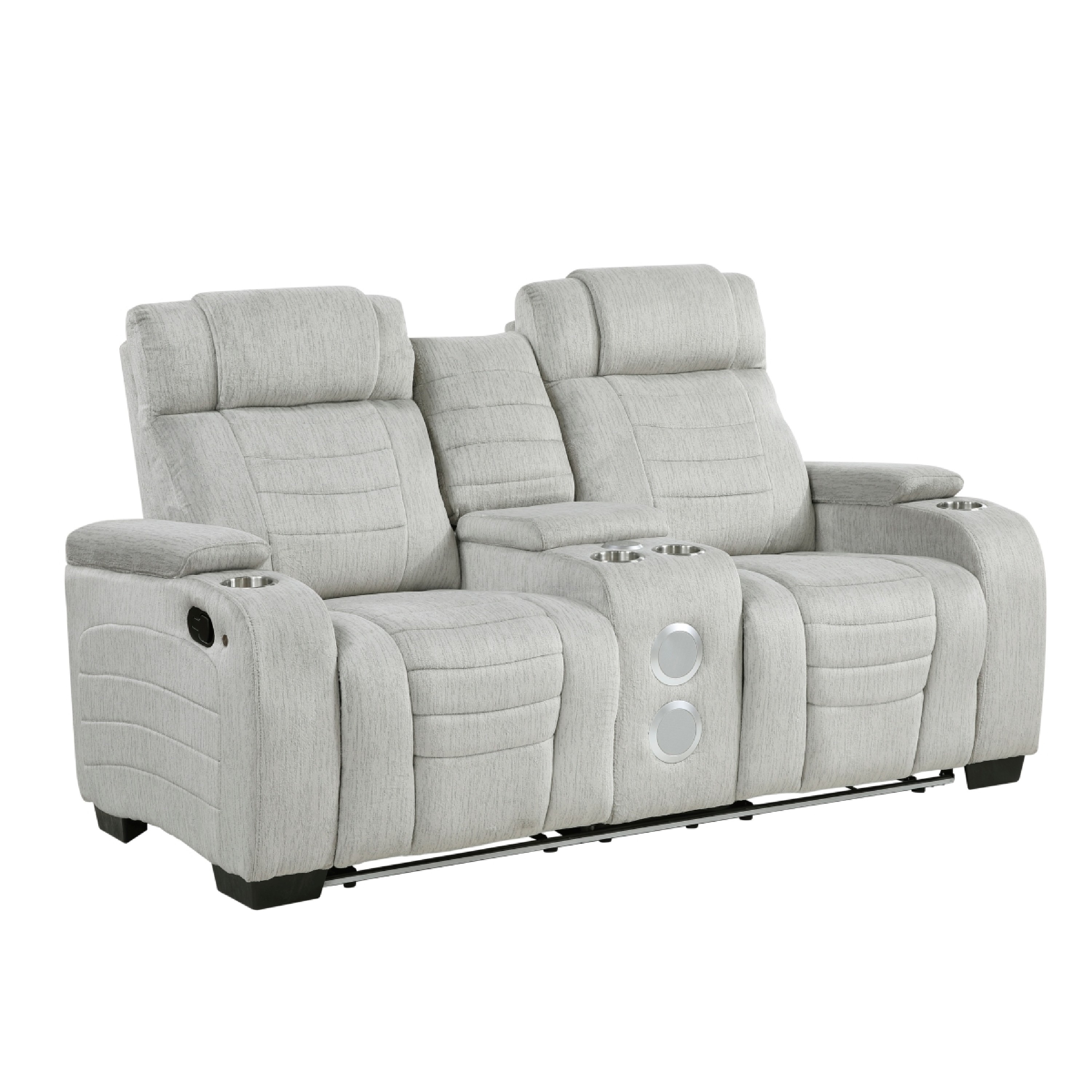 Benjara Reny Manual Reclining Loveseat w Center Console, LED Base, Light Gray