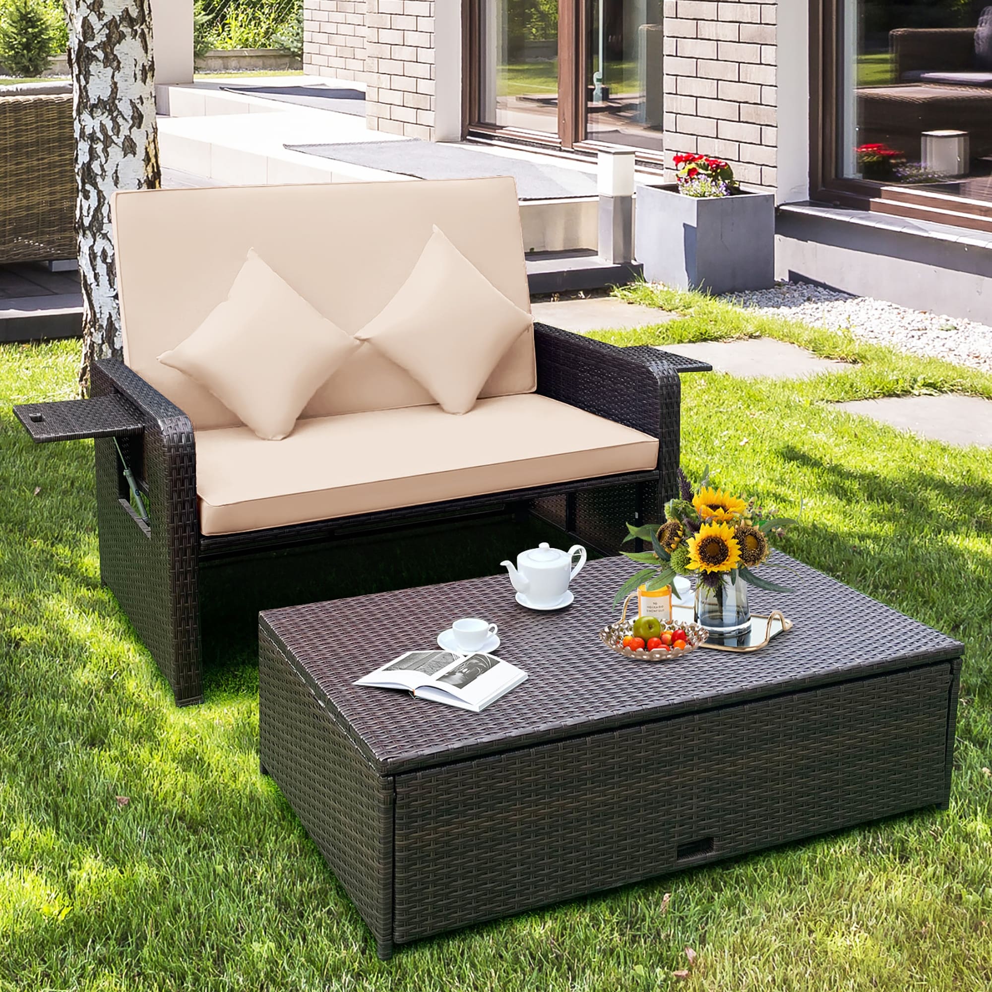 Double lying bed chaise lounge chair deals set garden rattan wicker outdoor love seat