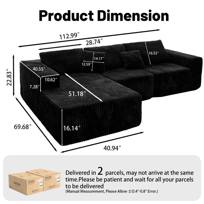 112.99" Modern L-shaped Modular Upholstered Sofa with Comfort Chaise
