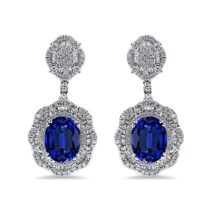 Auriya Fancy 8 1/5ct Royal Blue Sapphire Oval and 1 5/8ctw Halo Diamond Dangling Earrings 18K Gold