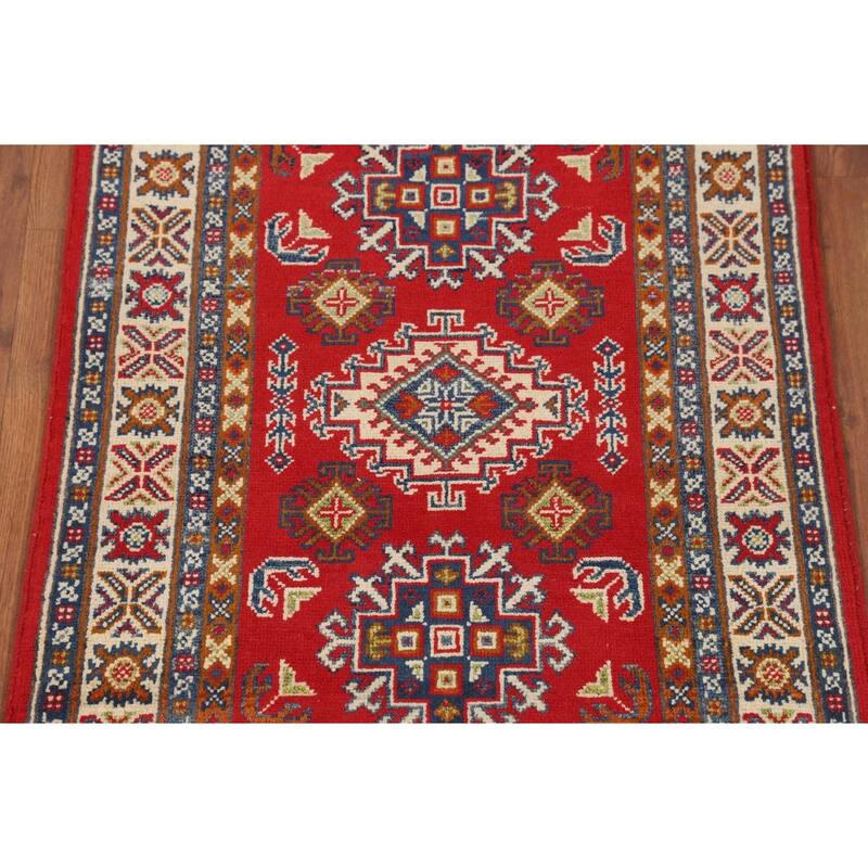 Geometric Red Kazak Oriental Accent Rug Bedroom Handmade Wool Carpet - 2'8" x 4'3"