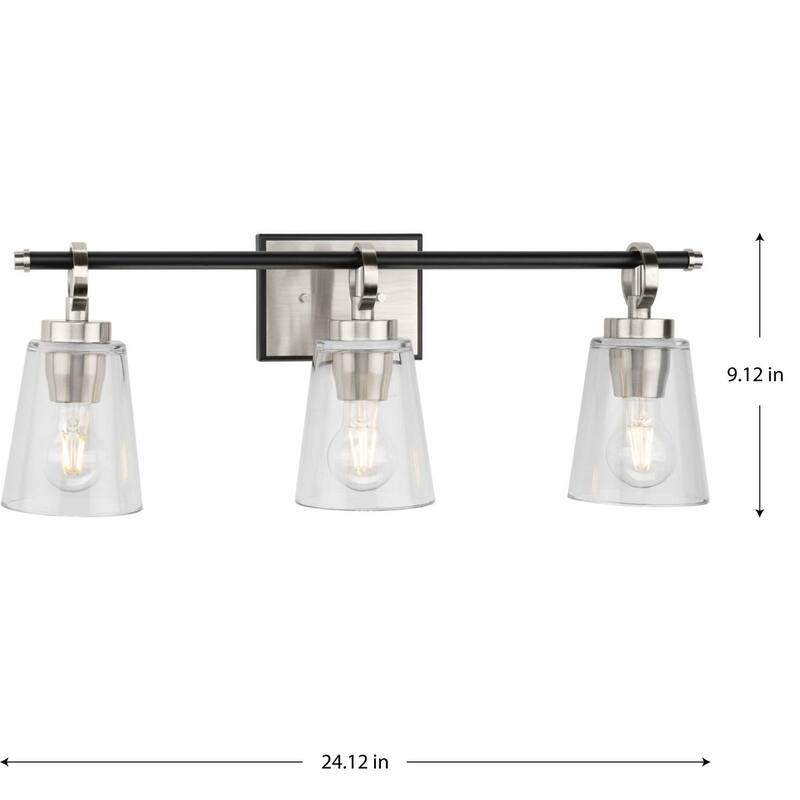 Cassell Collection Three-Light Brushed Nickel Matte Black Luxe Industrial Bath & Vanity Light - 24.12 in x 6.62 in x 9.12 in