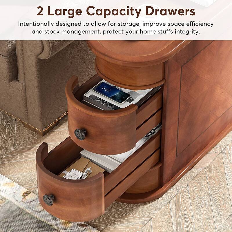 Solid Wood End Table, Two-Drawer Narrow Side Table, Fully Assembled
