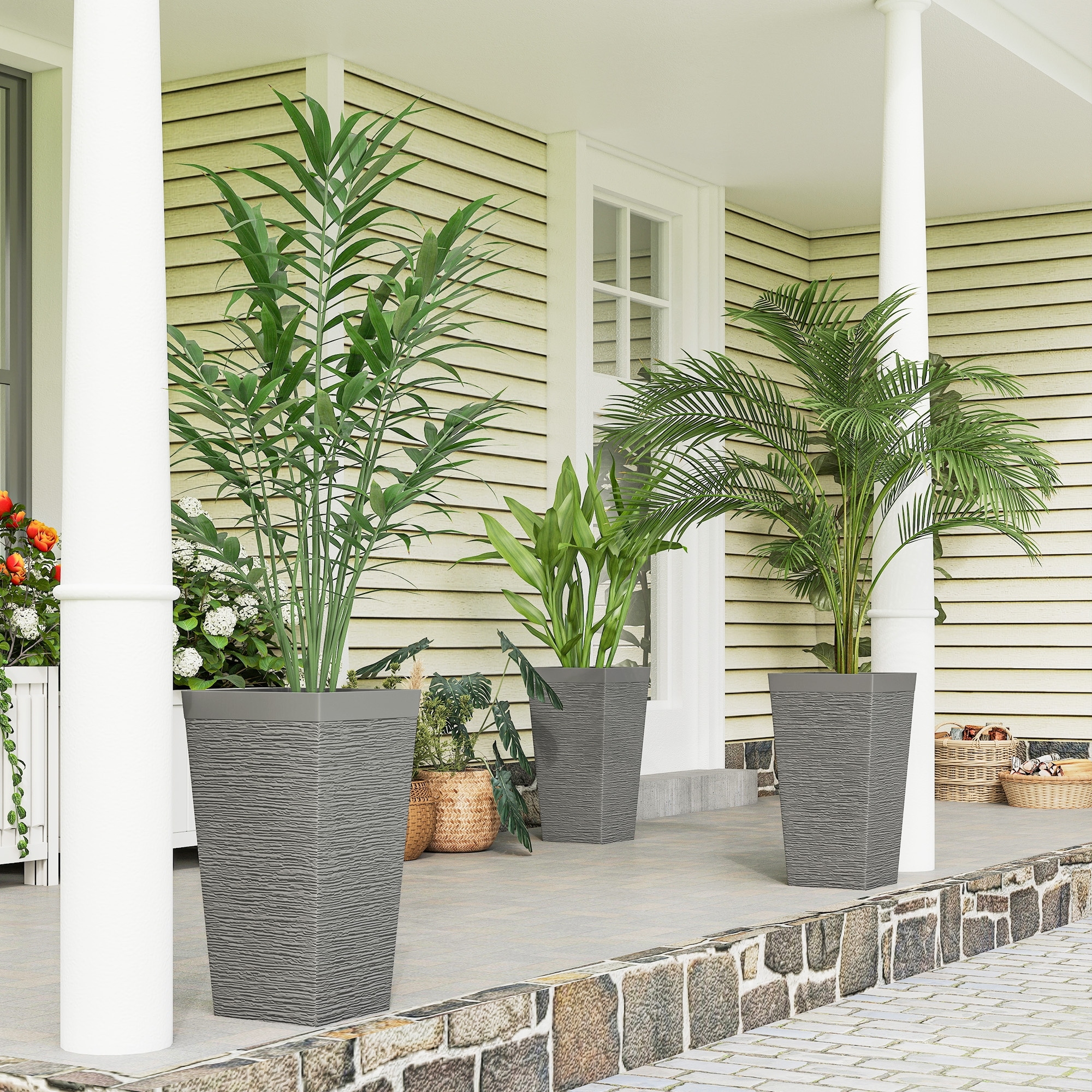 Outsunny 22.8 Inch Tall Planters for Outdoor Plants, Set of 3 Plastic Flower Pots with Stone Finish and Wheels