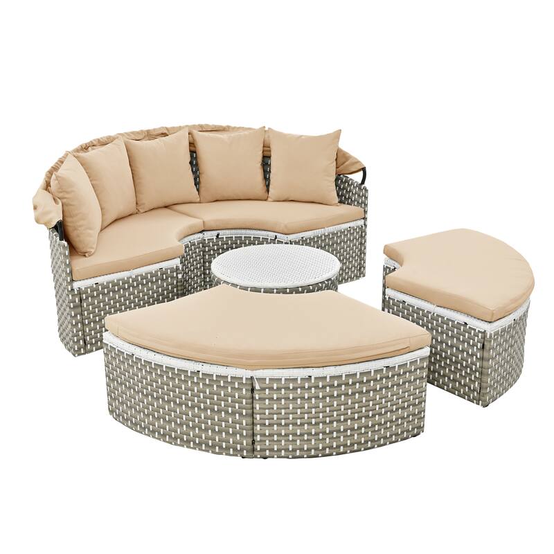 5-Piece Sectional Sofa Set, Round Rattan Outdoor Daybed with Retractable Canopy and Adjustable Table,with Cushions & Pillows