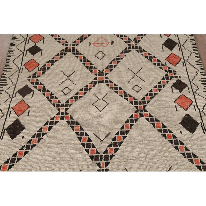 Geometric Moroccan Oriental Area Rug Hand-Knotted Beige Wool Carpet - 6'0"x 9'8"