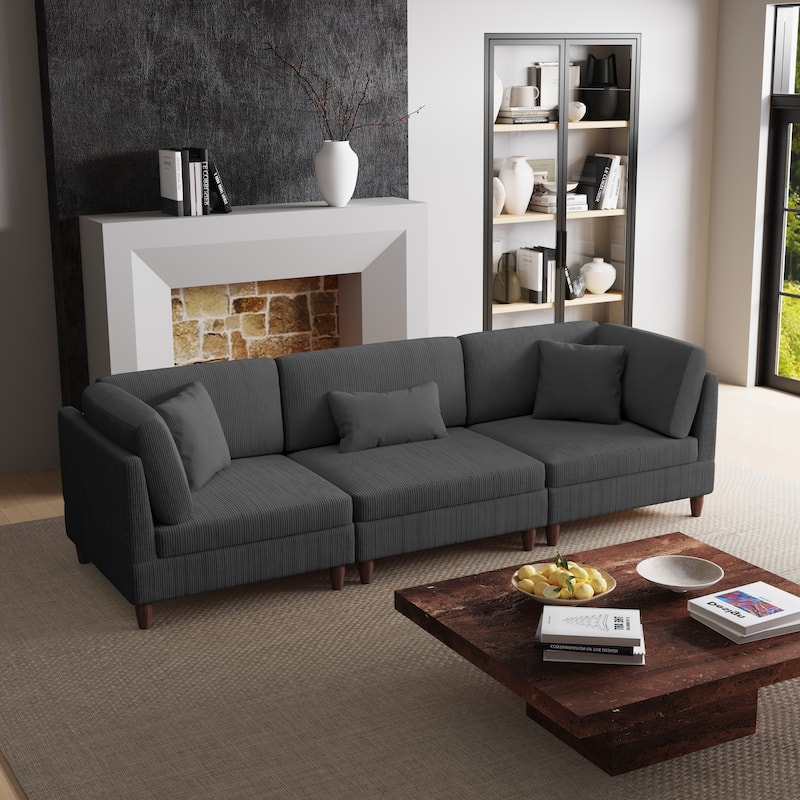 Corduroy Modular Sectional Sofa Set With Pillows - Grey-3 Piece
