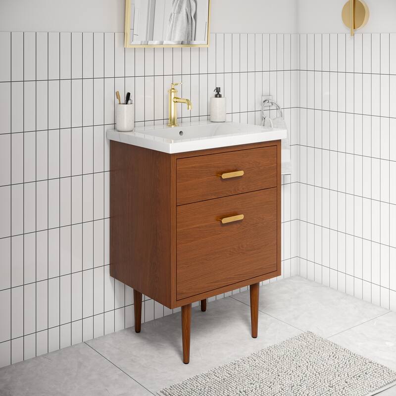 Brandy Integrated Ceramic Sink Top Vanity in Honey Walnut with Satin Gold Single Faucet