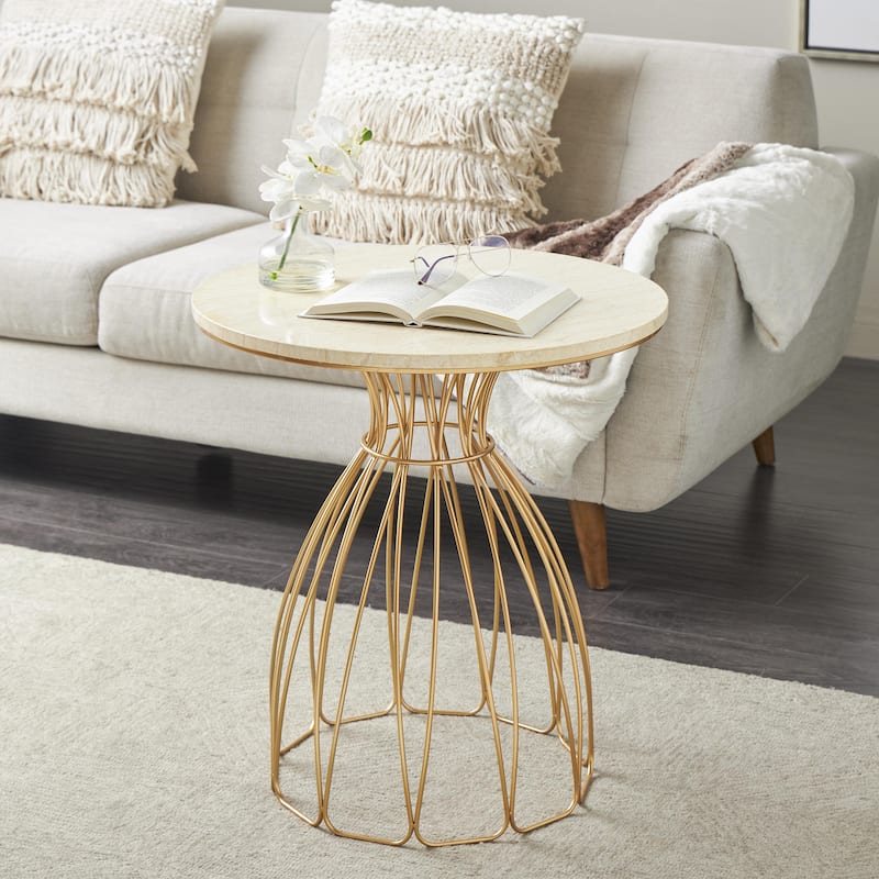 Metal Flower Inspired Accent Table with Cream Marble Tabletop - Gold - Roche River Decor