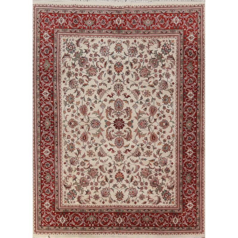 Ivory Floral Kashan Oriental Area Rug Hand-Knotted Wool Carpet - 7'10"x 10'1"