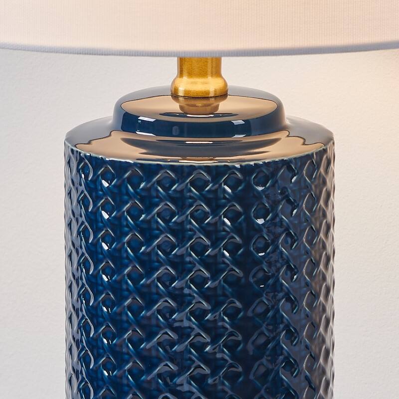KAWOTI 21.75 Inch Blue Ceramics Table Lamp with Drum Shade