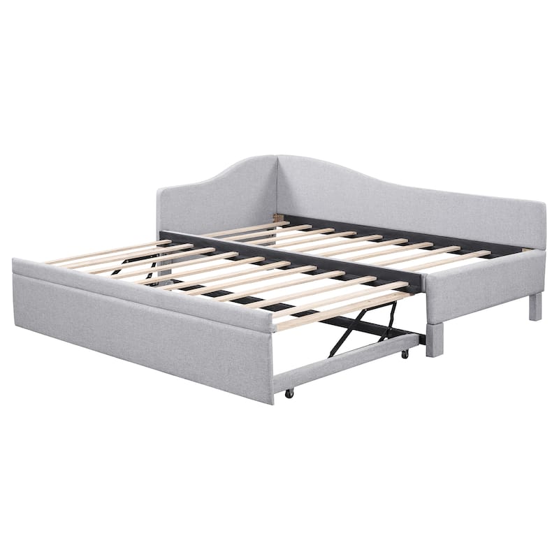 2-in-1 Daybed Twin Size Daybed Upholstered Frame Sofa Bed with L-Shaped Guardrail and Pop Up Trundle Platform Bed