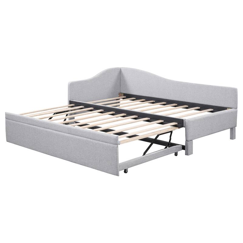 Twin Size L-Shaped Upholstered Daybed with Pull-Out Trundle, Linen Fabric, Convertible to Irregular King