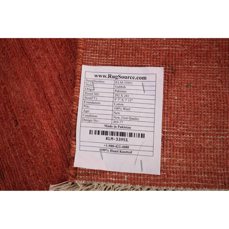 Modern Gabbeh Oriental Area Rug Hand-Knotted Orange Wool Carpet - 7'11" x 9'7"