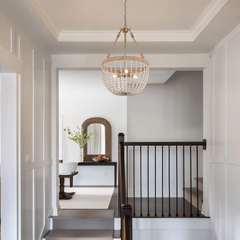 Farmhouse Metal Boho Beaded 3-Light Cage Chandelier Island Lights for Foyer Entry Dining Space - Dia. 17" x H 28.5"
