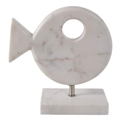 Stone Marble Figurine Coastal Fish Sculpture Home Office - 9" White - 9" x 4" x 9.5"