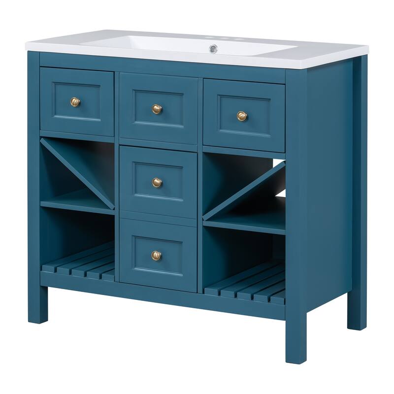 Bathroom Vanity with Resin Top Sink, Bathroom Storage Cabinet with 5 Drawers, Bathroom Vanity Set with 4 Open Shelves