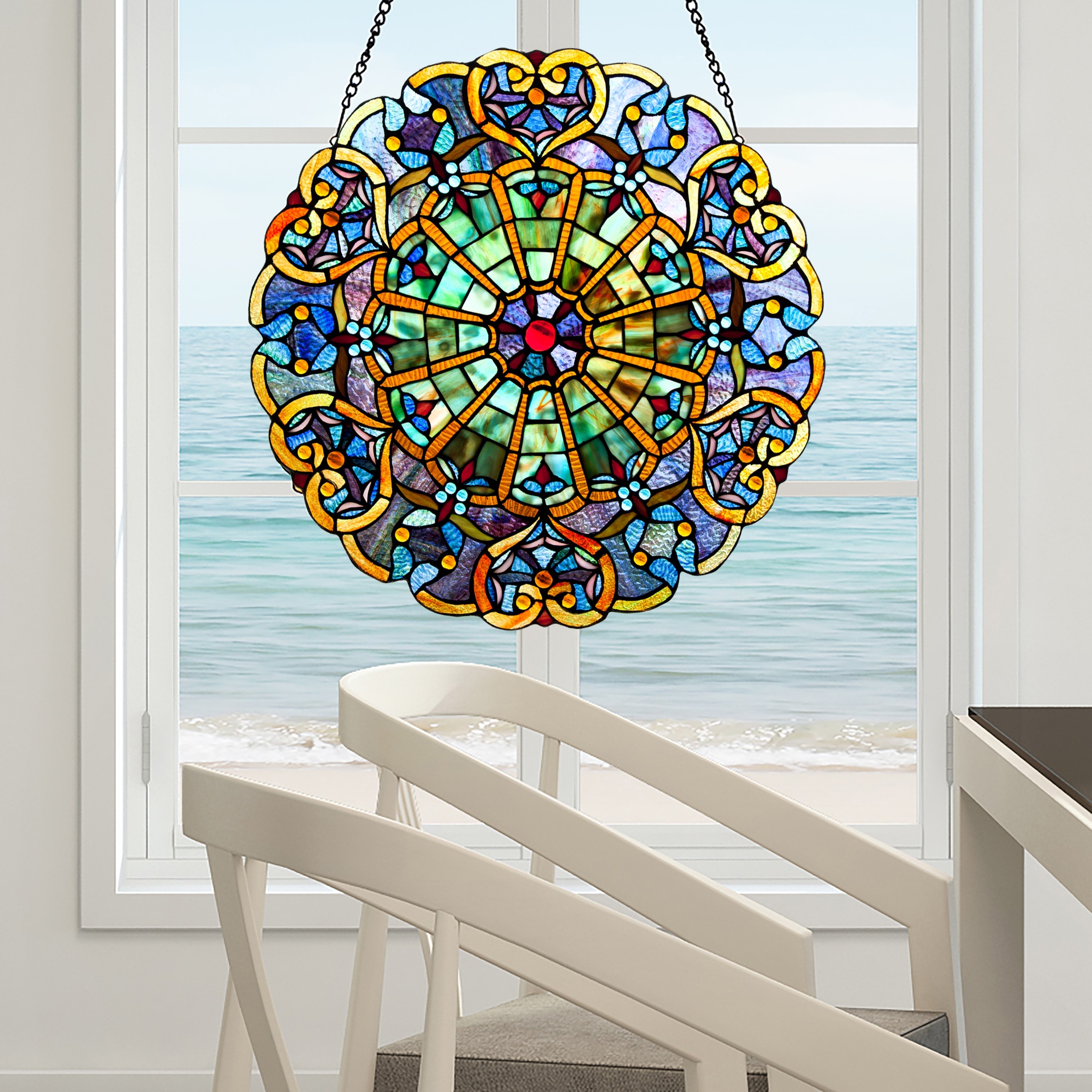 Stained glass panel for new arrivals window