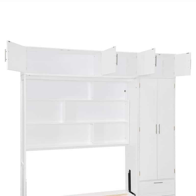 Queen Size Murphy Bed Wall Bed with Wardrobe, Top Cabinets and Storage Shelves, Foldable Murphy Cabinet Bed with 2 Drawers