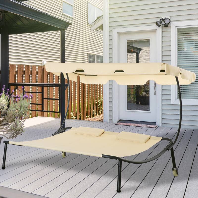 Outsunny Patio Double Chaise Lounge Chair, Outdoor Wheeled Hammock Daybed with Adjustable Canopy and Pillow