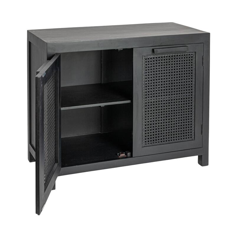 Mango Wood and Cane 2-Door Cabinet with 2 Shelves